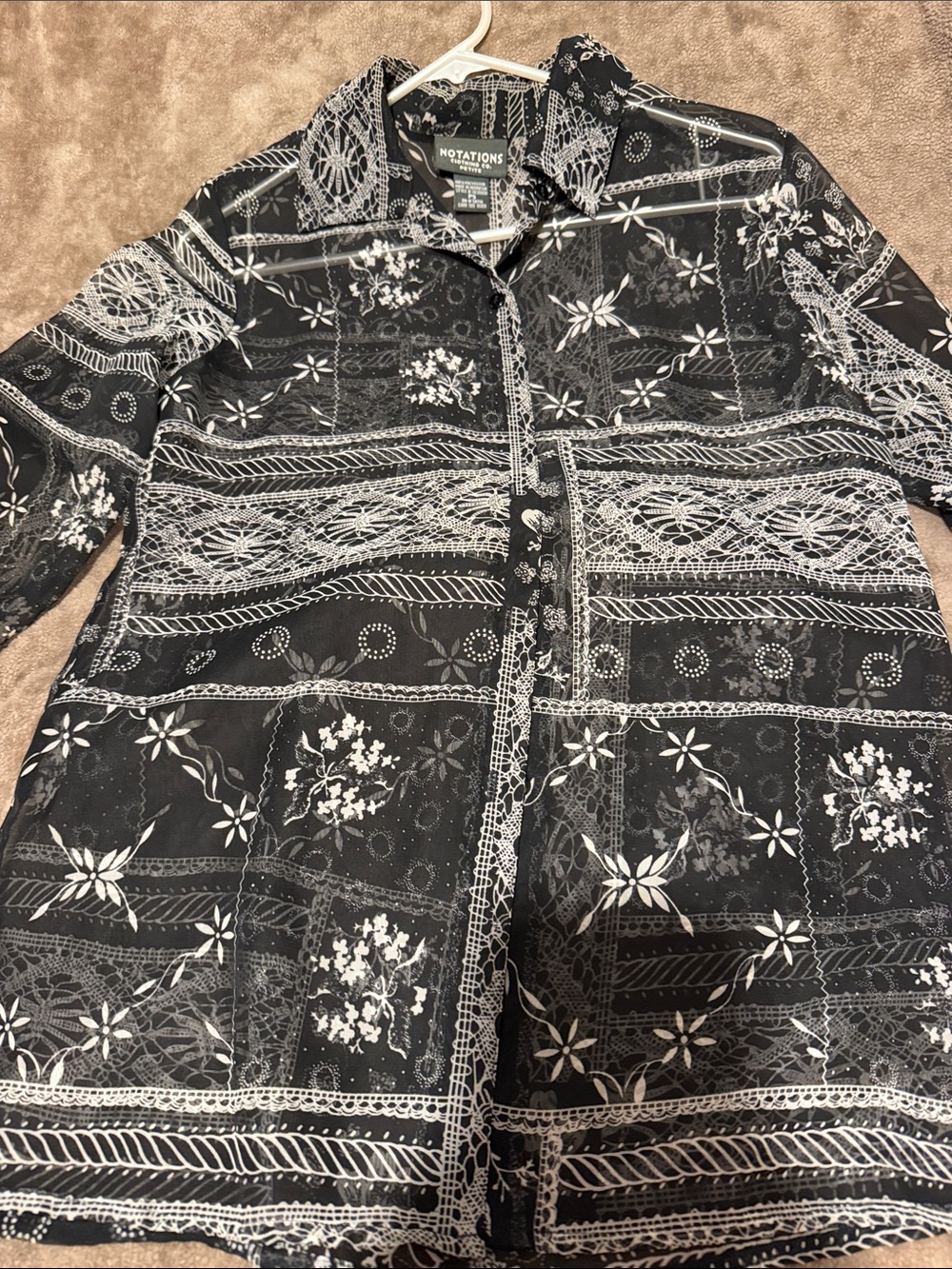 Notations Black & White Floral Patchwork Button-Down Shirt